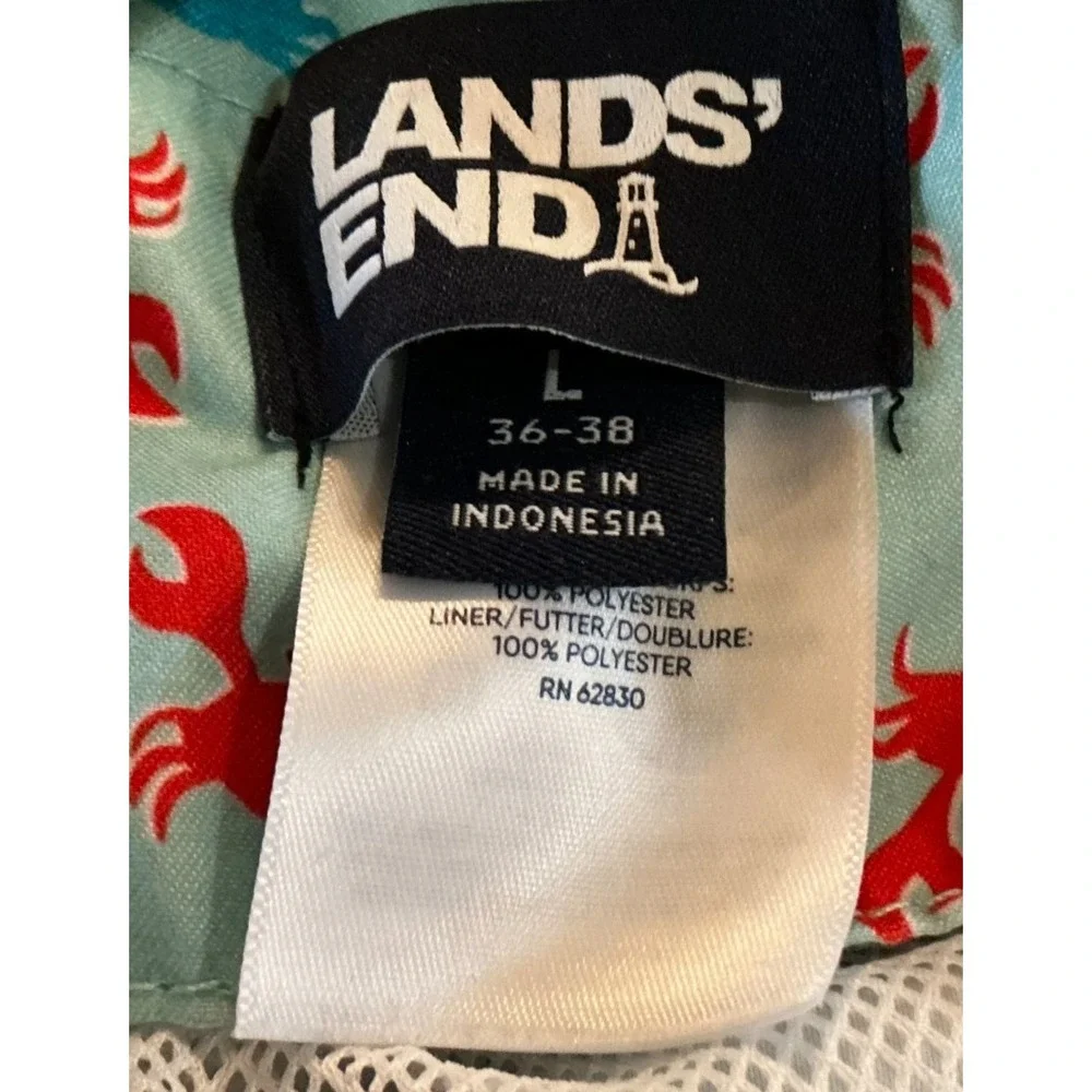 Lands' End‎ Swim Trunks Men Crab Print Aqua Blue Red Lined Drawstring 7.5